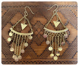 VINTAGE INDIAN ANTIQUE GOLD BRASS TRIANGLE MULTI DISC ROUND COIN CHANDELIER DANGLE DROP EARRINGS