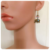 HAND CRAFTED ANTIQUE BRASS TURQUOISE INDIAN ELEPHANT HEART DANGLE DROP BOHO EARRINGS