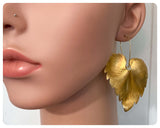 VINTAGE ANTIQUE GOLD BRASS HUGE LEAF LEAVES EARRINGS SIMPLE MINIMAL TRIBAL
