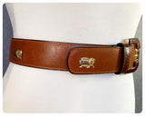 VINTAGE 70’s 80’s DEEP TAN LEATHER GOLD BRASS ELEPHANT STUD CINCH WAIST BELT 6-10 BOHEMIAN