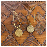 HANDMADE HAMMERED BEATEN BRASS SIMPLE DISC RHOMBUS WIRE EARRINGS MINIMAL PRIMITIVE TRIBAL VIKING