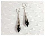 HANDMADE JET BLACK LONG POINT GLASS CRYSTAL ART DECO CHANDELIER RENAISSANCE ANTIQUE SILVER CONE ORNATE FILIGREE DROP EARRINGS RETRO BIRTHSTONE BOHO