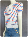 VINTAGE 1970s RED BLUE NAVY WHITE STRIPY STRETCH SKINNY RIB V NECK KNIT JUMPER TOP T SHIRT UK8 10 12