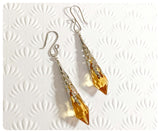 HANDMADE LIGHT AMBER LONG POINT GLASS CRYSTAL ART DECO CHANDELIER RENAISSANCE SILVER CONE ORNATE FILIGREE DROP EARRINGS RETRO BIRTHSTONE BOHO