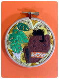 HAND MADE HOOP ART EMBROIDERY BLACK CAT IN THE 70’s FAVOURITE SPOT RETRO VINTAGE CHEESE PLANT MONSTERA