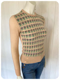 VINTAGE 1970s SKINNY RIB KNIT JUMPER TOP TAN PATTERN FLECK UK6 - 10