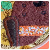 HAND MADE HOOP ART EMBROIDERY BLACK CAT IN THE 70’s FAVOURITE SPOT RETRO VINTAGE CHEESE PLANT MONSTERA