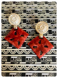 HUGE VINTAGE 80’s TERRACOTTA SQUARE RESIN GOLD COIN MANDALA DISC STUD EARRINGS GEOMETRIC TRIBAL BOHO HIPPIE