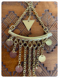 VINTAGE INDIAN ANTIQUE GOLD BRASS TRIANGLE MULTI DISC ROUND COIN CHANDELIER DANGLE DROP EARRINGS