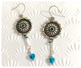 HANDMADE ANTIQUE SILVER FLORA MANDALA TURQUOISE TEAL AQUA HEART GLASS BEAD DROP EARRINGS RETRO BOHO