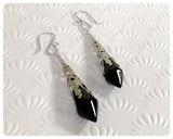 HANDMADE JET BLACK LONG POINT GLASS CRYSTAL ART DECO CHANDELIER RENAISSANCE ANTIQUE SILVER CONE ORNATE FILIGREE DROP EARRINGS RETRO BIRTHSTONE BOHO