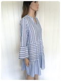 INDIAN AZTEC WHITE & BLUE WOVEN GAUZE COTTON PEASANT HIPPIE DRESS BOHO UK 12-14