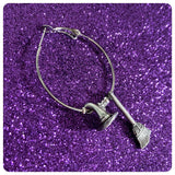HANDMADE CUTE RETRO QUIRKY KITSCH SILVER WITCH HAT BROOMSTICK STAR PENTAGRAM BIG HOOP EARRINGS
