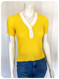 VINTAGE 1970s BRIGHT YELLOW & WHITE CUTE BUTTON SKINNY RIB JUMPER TOP T SHIRT UK6-10