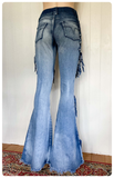 VINTAGE 90’s BLUE DENIM MED HIGH WAIST RISE WIDE FLARES TASSEL FRAYED JEANS UK10