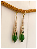 HANDMADE EMERALD GREEN LONG POINT GLASS CRYSTAL ART DECO CHANDELIER RENAISSANCE GOLD CONE ORNATE DROP EARRINGS RETRO BIRTHSTONE BOHO