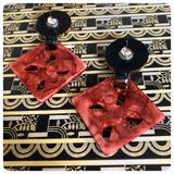 HUGE VINTAGE 80’s TERRACOTTA SQUARE RESIN GOLD COIN MANDALA DISC STUD EARRINGS GEOMETRIC TRIBAL BOHO HIPPIE