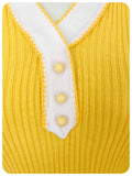 VINTAGE 1970s BRIGHT YELLOW & WHITE CUTE BUTTON SKINNY RIB JUMPER TOP T SHIRT UK6-10