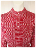 VINTAGE 1970s RED WHITE FLECK SKINNY RIB FINE KNIT JUMPER TOP UK8-12