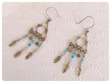 HANDMADE OXIDISED ANTIQUE SILVER INDIAN FEATHER TRIANGLE TURQUOISE HOWLITE NATURAL GEMSTONE DROP EARRINGS RETRO BOHO