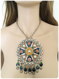 HUGE BOHEMIAN TRIBAL SILVER & ENAMEL DISC PENDANT NECKLACE