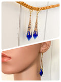 HANDMADE SAPPHIRE BLUE LONG POINT GLASS CRYSTAL ART DECO CHANDELIER RENAISSANCE GOLD CONE ORNATE DROP EARRINGS RETRO BIRTHSTONE BOHO