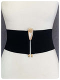 VINTAGE 80’s WIDE BLACK ELASTIC CINCH WASPIE WAIST BELT GOLD BRASS ART DECO BUCKLE