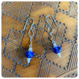 HANDMADE SAPPHIRE BLUE FACETED GLASS BEAD MINI MOROCCAN LANTERN SILVER EARRINGS RETRO BIRTHSTONE BOHO