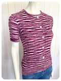 VINTAGE 1970s PURPLE FLECK CUTE FLOWER BUTTON SKINNY RIB JUMPER TOP T SHIRT UK6-10