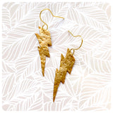 VINTAGE ANTIQUE GOLD HAMMERED BEATEN BRASS BIG LIGHTNING THUNDER BOLT EARRINGS