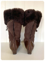 VINTAGE 70’s BROWN SHEEPSKIN SHEARLING SUEDE LEATHER ANKLE BOOTS BOHO PIXIE GRANNY UK5