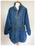 VINTAGE 80’s MUSTANG BAGGY BLUE DENIM FISHTAIL PARKA JACKET COAT VIVID TURQUOISE LINING L/XL