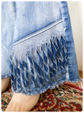 VINTAGE 90’s BLUE DENIM MED HIGH WAIST RISE WIDE FLARES TASSEL FRAYED JEANS UK10