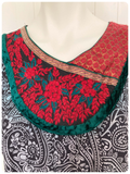 VINTAGE 90’s INDIAN EMBROIDERED RAYON VELVET BLOCK PRINT BIB DRESS SMOCK KURTA TUNIC UK 10-12