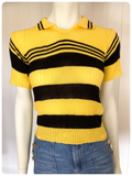 VINTAGE 1970s BRIGHT YELLOW & BLACK STRIPE SKINNY RIB JUMPER TOP T SHIRT NEW DEAD STOCK UK6-10