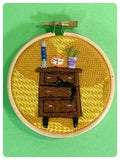 HAND MADE HOOP ART EMBROIDERY BLACK CAT IN THE 70’s IN THE DRAWERS DRAW RETRO LAVA LAMP CACTUS