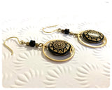 HANDMADE ANTIQUE BRASS GOLD BLACK INDIAN SUN MANDALA DISC HOOP DROP EARRINGS VINTAGE BOHO TRIBAL
