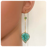 HAND CRAFTED GOLD TURQUOISE SEA GREEN RESIN LEAF JADE GEMSTONE DANGLE DROP BOHO DECO EARRINGS