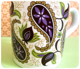 VINTAGE 1960’s 70’s MID CENTURY PURPLE GREEN PAISLEY PATTERN MUG CUP GLO-WHITE IRONSTONE ALFRED MEAKIN ENGLAND