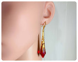 HANDMADE RUBY RED LONG POINT GLASS CRYSTAL ART DECO CHANDELIER RENAISSANCE GOLD CONE ORNATE FILIGREE DROP EARRINGS RETRO BIRTHSTONE BOHO