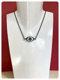 HAND CRAFTED 3D ANTIQUE SILVER BLUE EYE NECKLACE QUIRKY RETRO