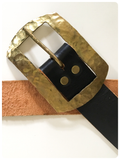 VINTAGE 70’s DARK BROWN THICK LEATHER BELT HUGE BRASS BUCKLE 33-35 INCHES