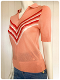 VINTAGE 1970s PEACH CHEVRON BANLON KNITTED JUMPER TOP T POLO SHIRT UK8 -10