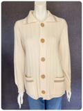 VINTAGE 1970’s CREAM RIB KNIT & TAN SUEDE POCKET BIG BUTTON CARDIGAN UK8 10 12