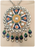 HUGE BOHEMIAN TRIBAL SILVER & ENAMEL DISC PENDANT NECKLACE