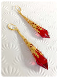 HANDMADE RUBY RED LONG POINT GLASS CRYSTAL ART DECO CHANDELIER RENAISSANCE GOLD CONE ORNATE FILIGREE DROP EARRINGS RETRO BIRTHSTONE BOHO