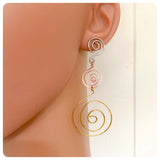 HANDMADE HAMMERED BEATEN STAINLESS STEEL COPPER BRASS BIG SPIRAL EARRINGS RUSTIC MINIMAL TRIBAL