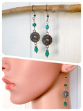 HANDMADE OXIDISED ANTIQUE SILVER INDIAN MANDALA EMERALD GREEN JADE GLASS CRYSTAL DROP EARRINGS RETRO BIRTHSTONE BOHO