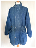 VINTAGE 80’s MUSTANG BAGGY BLUE DENIM FISHTAIL PARKA JACKET COAT VIVID TURQUOISE LINING L/XL