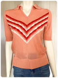 VINTAGE 1970s PEACH CHEVRON BANLON KNITTED JUMPER TOP T POLO SHIRT UK8 -10